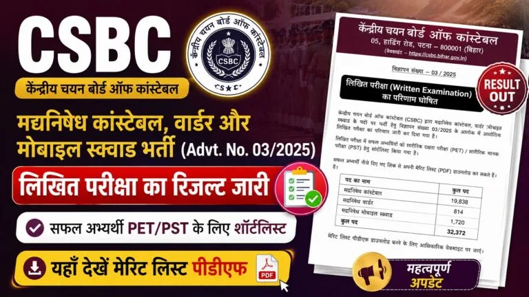 CSBC Bihar Police Prohibition Constable Warder Written Exam Result Merit List EduJosh