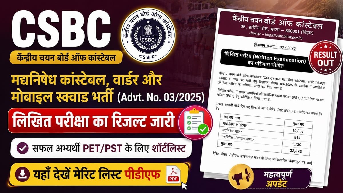CSBC Bihar Police Prohibition Constable Warder Written Exam Result Merit List EduJosh