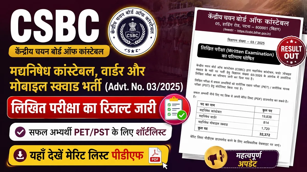CSBC Bihar Police Prohibition Constable Warder Written Exam Result Merit List EduJosh
